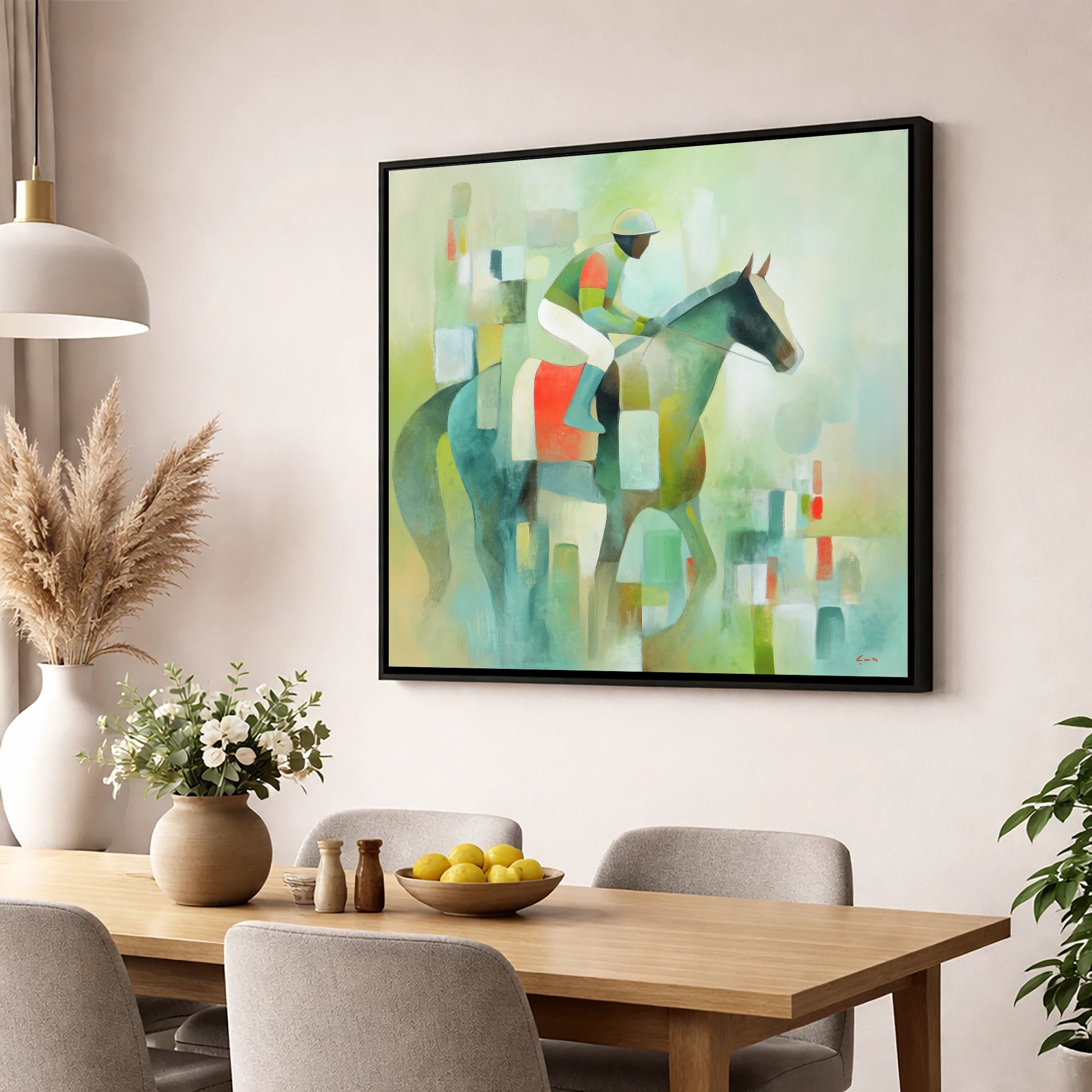 Serene Racing Geometry racing horse wall art displayed in a dining room