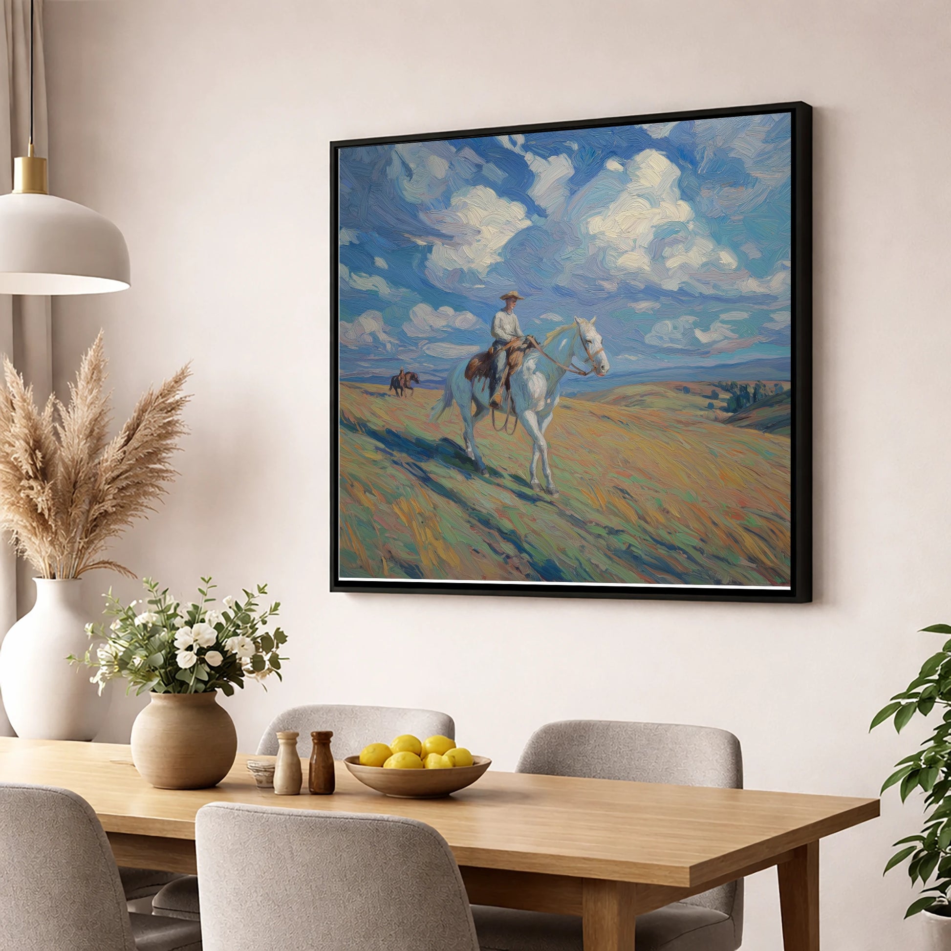 Under Western Skies western horse wall art displayed in a dining room