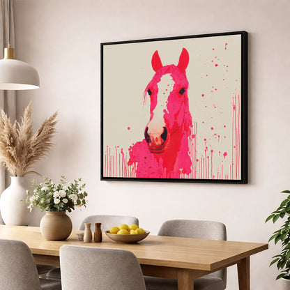 Vibrant Magenta Blaze horse portrait wall art displayed in a dining room