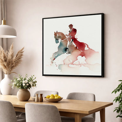 Crimson Passage dressage horse wall art displayed in a dining room