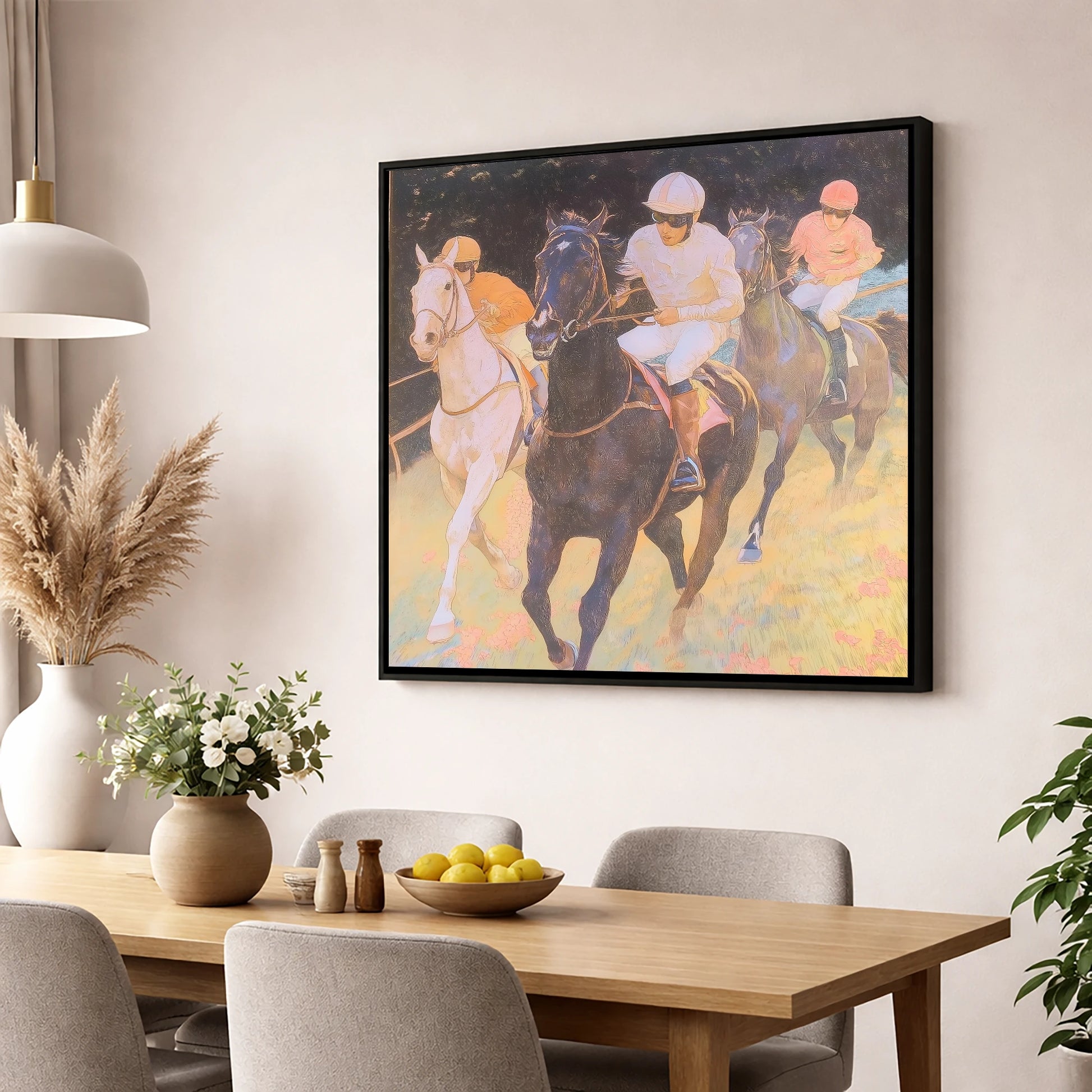 The Luminous Furlong racing horse wall art displayed in a dining room