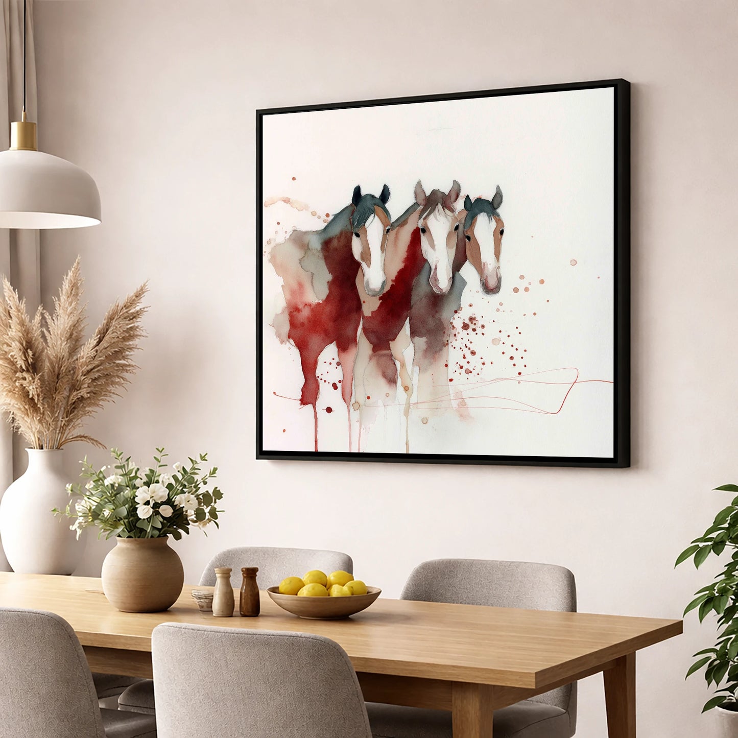 Crimson Companions wild horses wall art displayed in a dining room