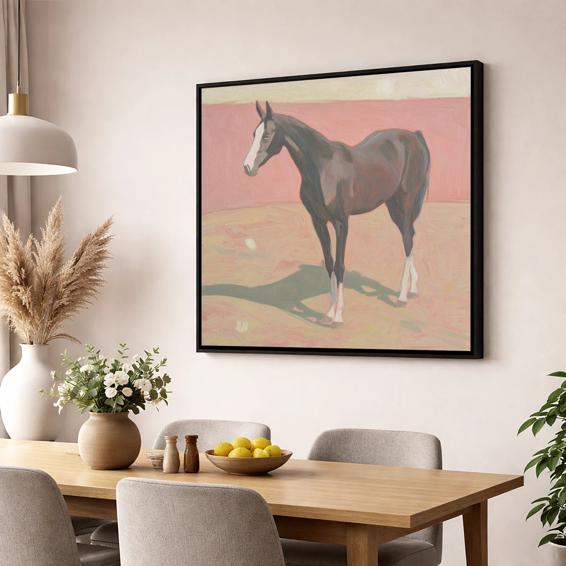 Quiet Grace in Pastel horse breed wall art displayed in a dining room
