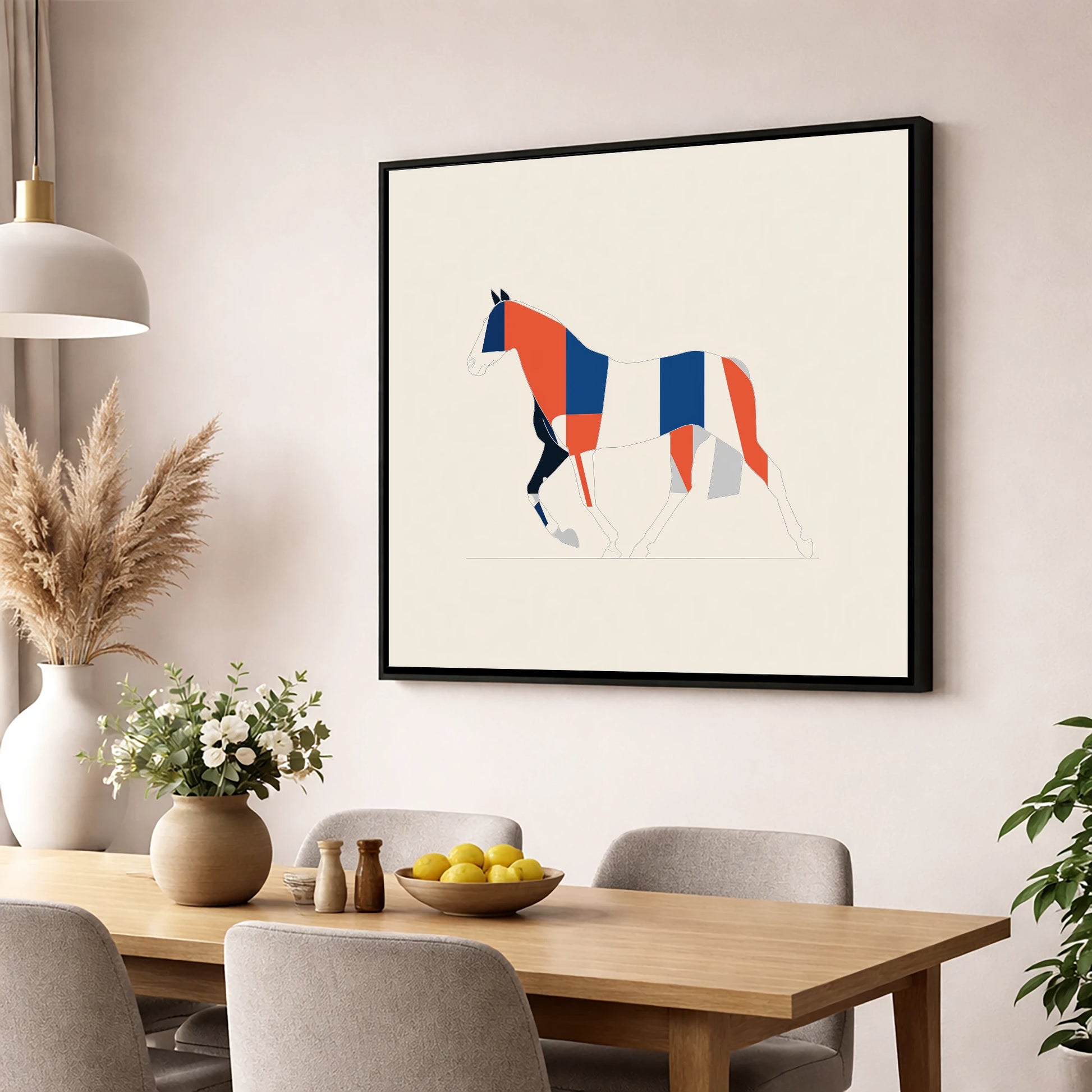 Graphic Equine Geometry horse breed wall art displayed in a dining room
