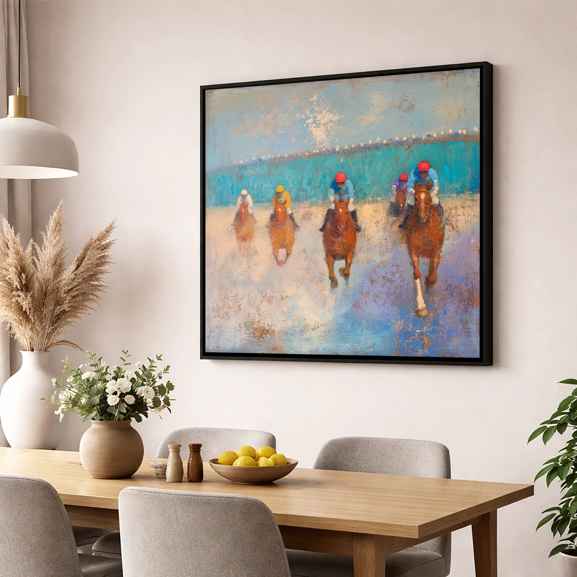 Towards the Wire racing horse wall art displayed in a dining room