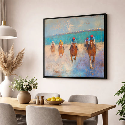 Towards the Wire racing horse wall art displayed in a dining room