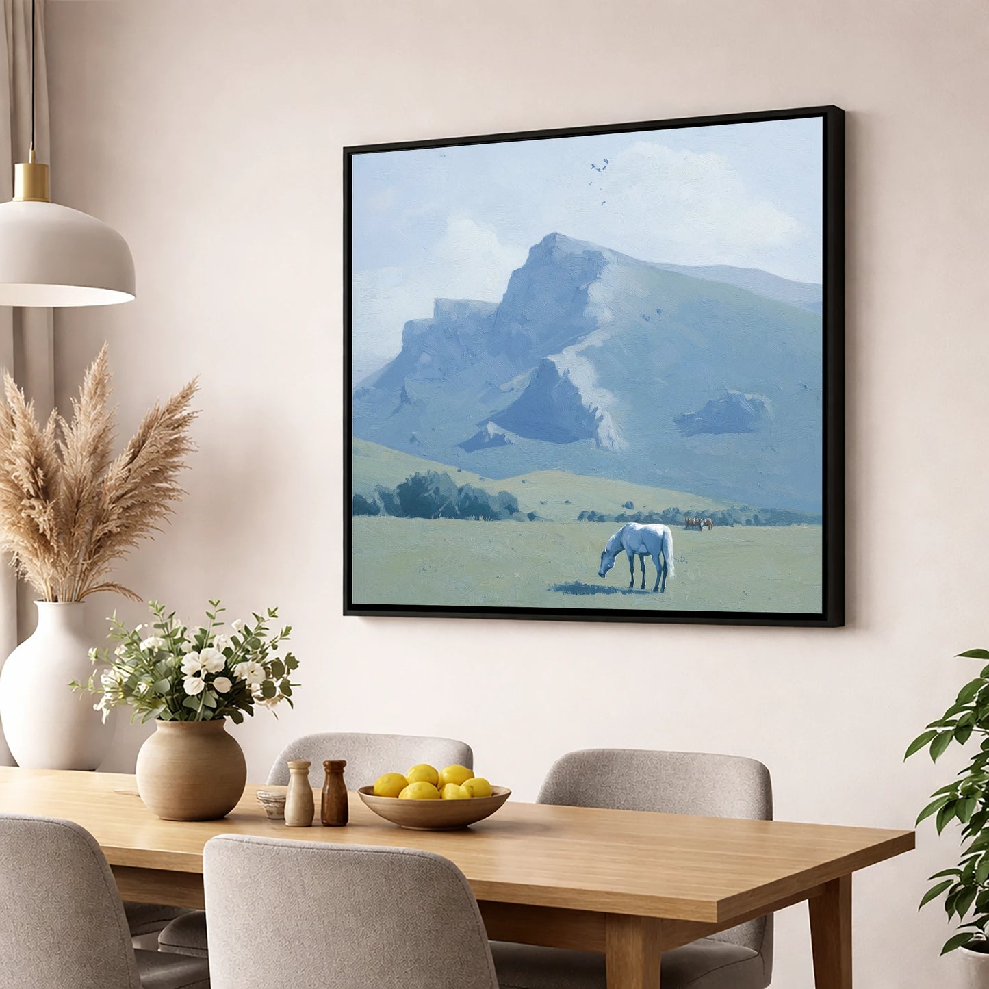 Beneath the Blue Peaks horse landscape wall art displayed in a dining room