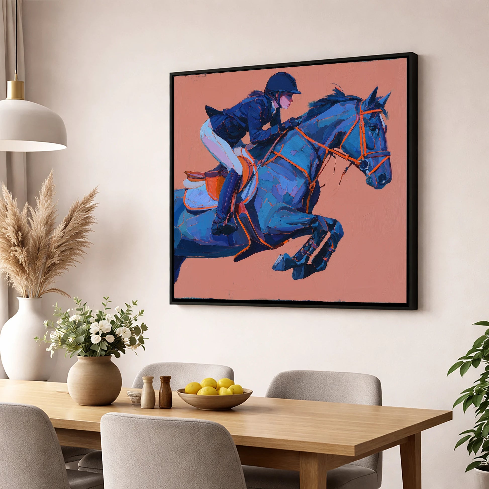 Indigo Leap show jumping horse wall art displayed in a dining room