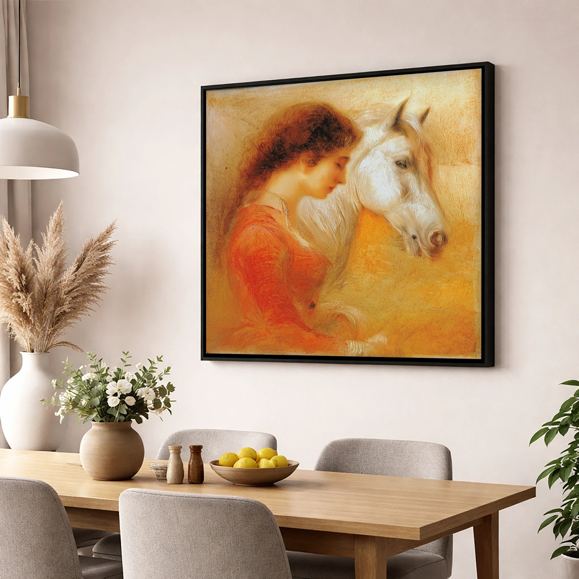 A Quiet Bond horse & rider wall art displayed in a dining room