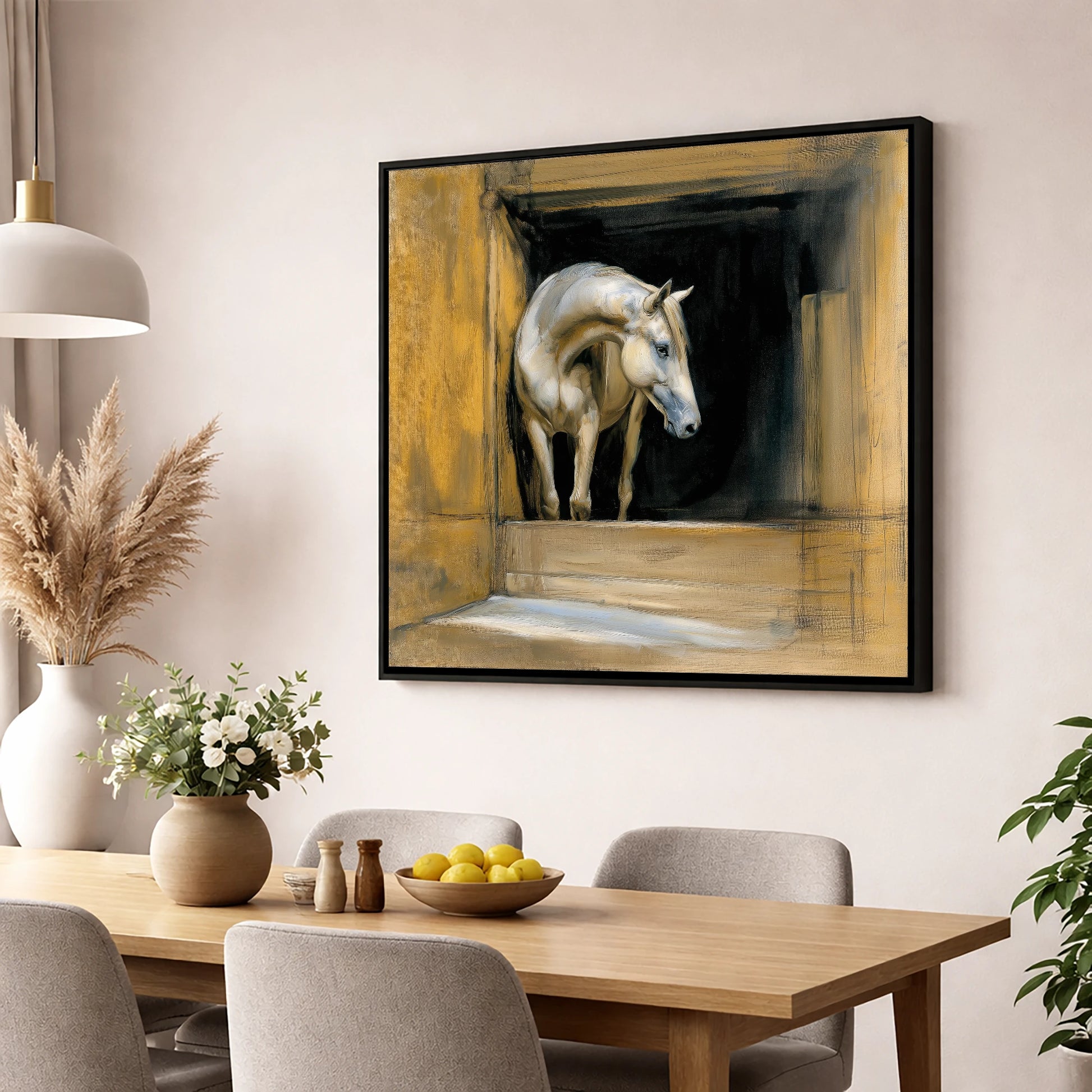 Quiet Anticipation horse stable wall art displayed in a dining room
