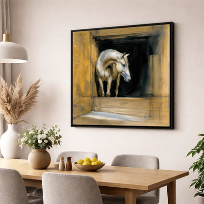 Quiet Anticipation horse stable wall art displayed in a dining room