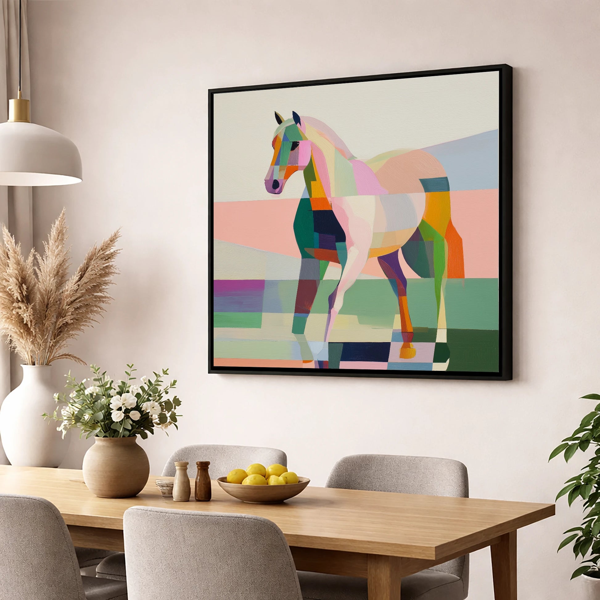 Vibrant Equine Geometry horse breed wall art displayed in a dining room