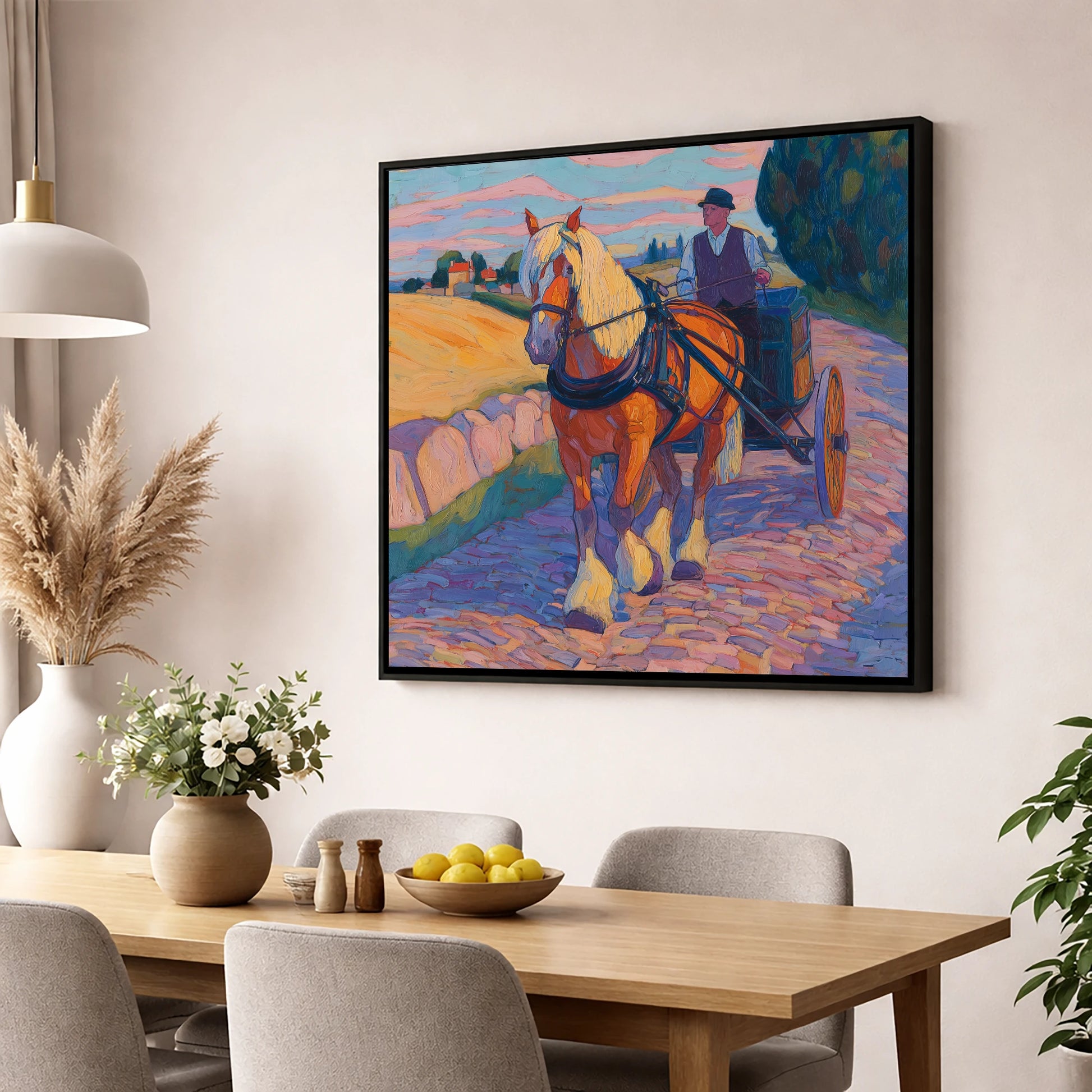 Evening Draught on Cobbles working horse wall art displayed in a dining room