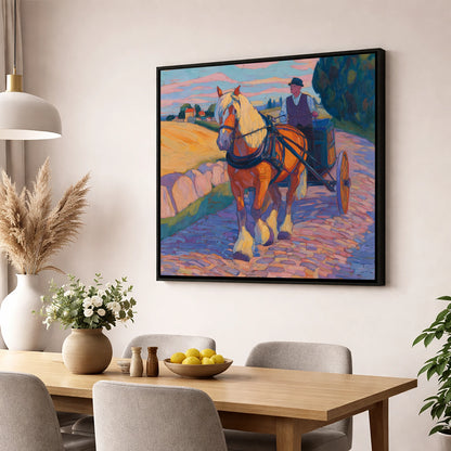 Evening Draught on Cobbles working horse wall art displayed in a dining room