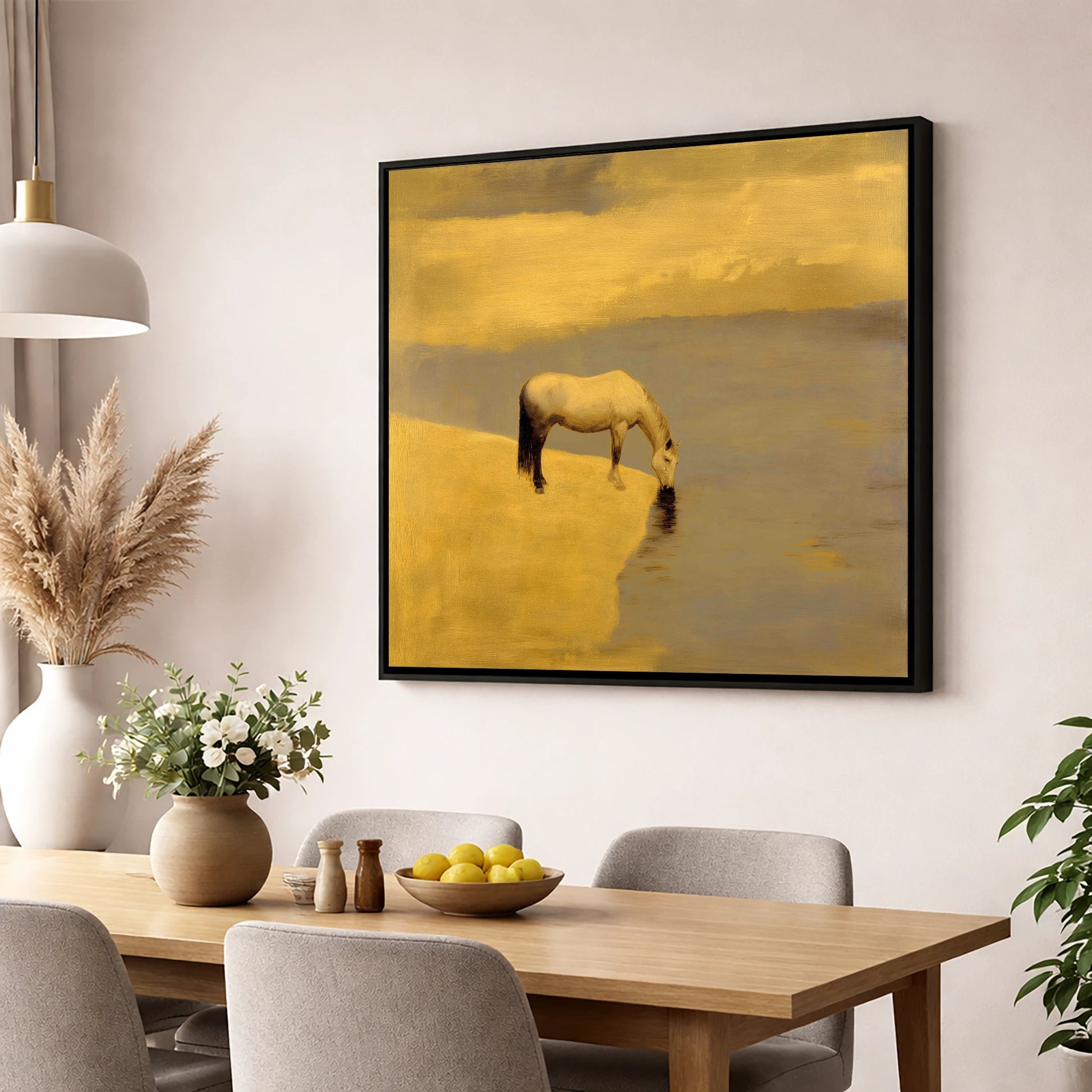 Stillness at the Water's Edge horse landscape wall art displayed in a dining room