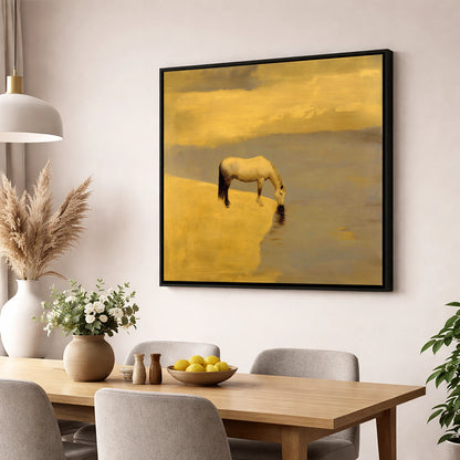 Stillness at the Water's Edge horse landscape wall art displayed in a dining room