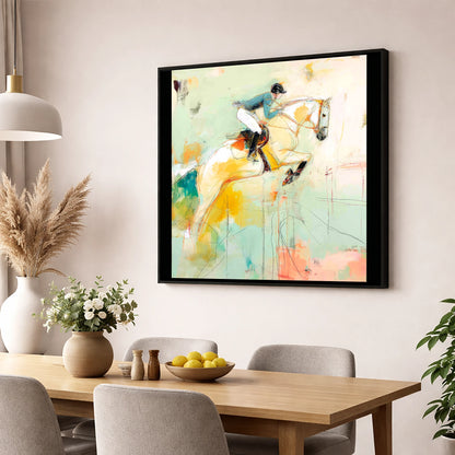 The Perfect Stride show jumping horse wall art displayed in a dining room