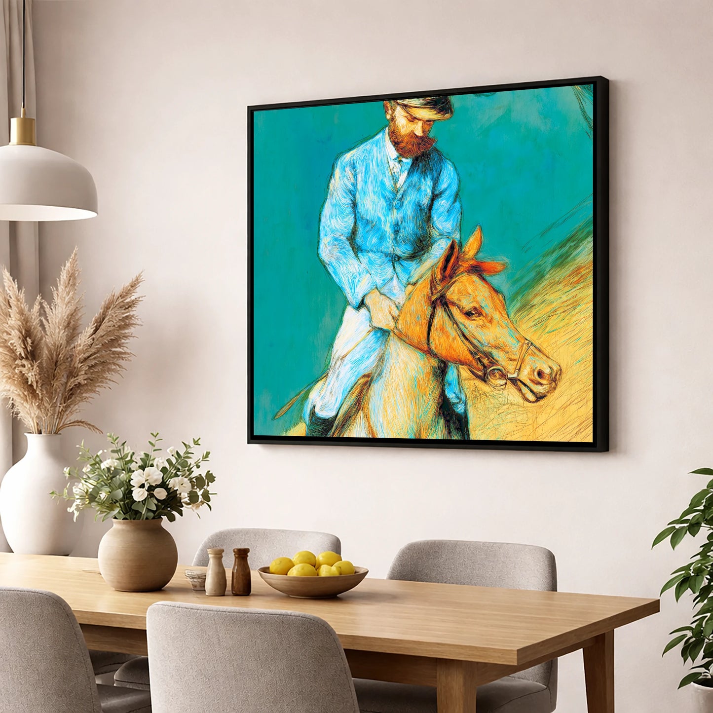 The Cerulean Rider racing horse wall art displayed in a dining room