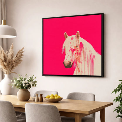 Modern Magenta Equine horse portrait wall art displayed in a dining room