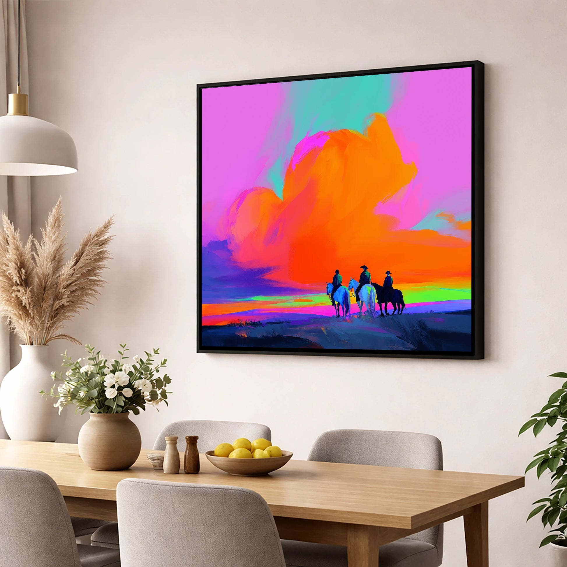 Electric Frontier Skies horse landscape wall art displayed in a dining room