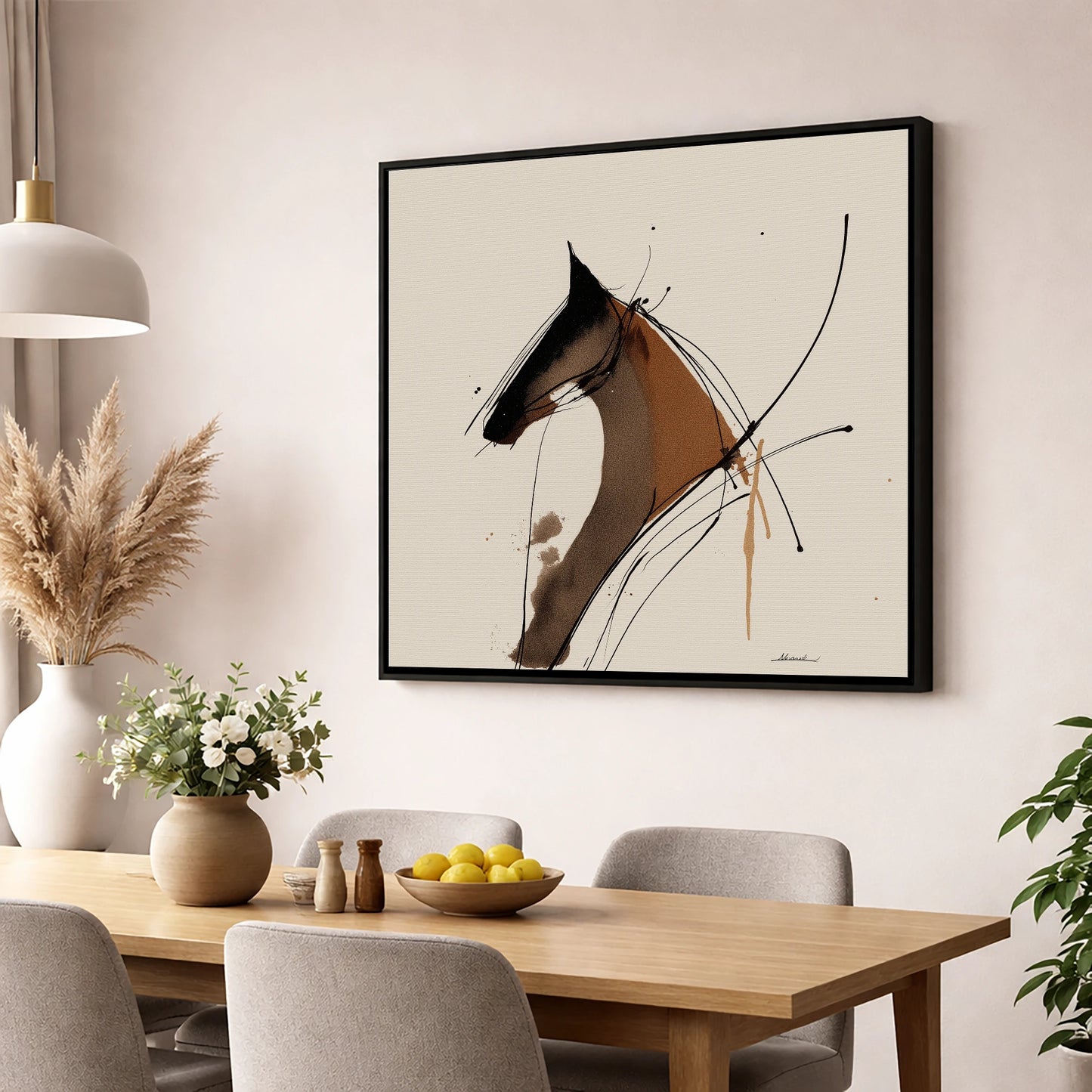 Abstract Equine Spirit horse portrait wall art displayed in a dining room