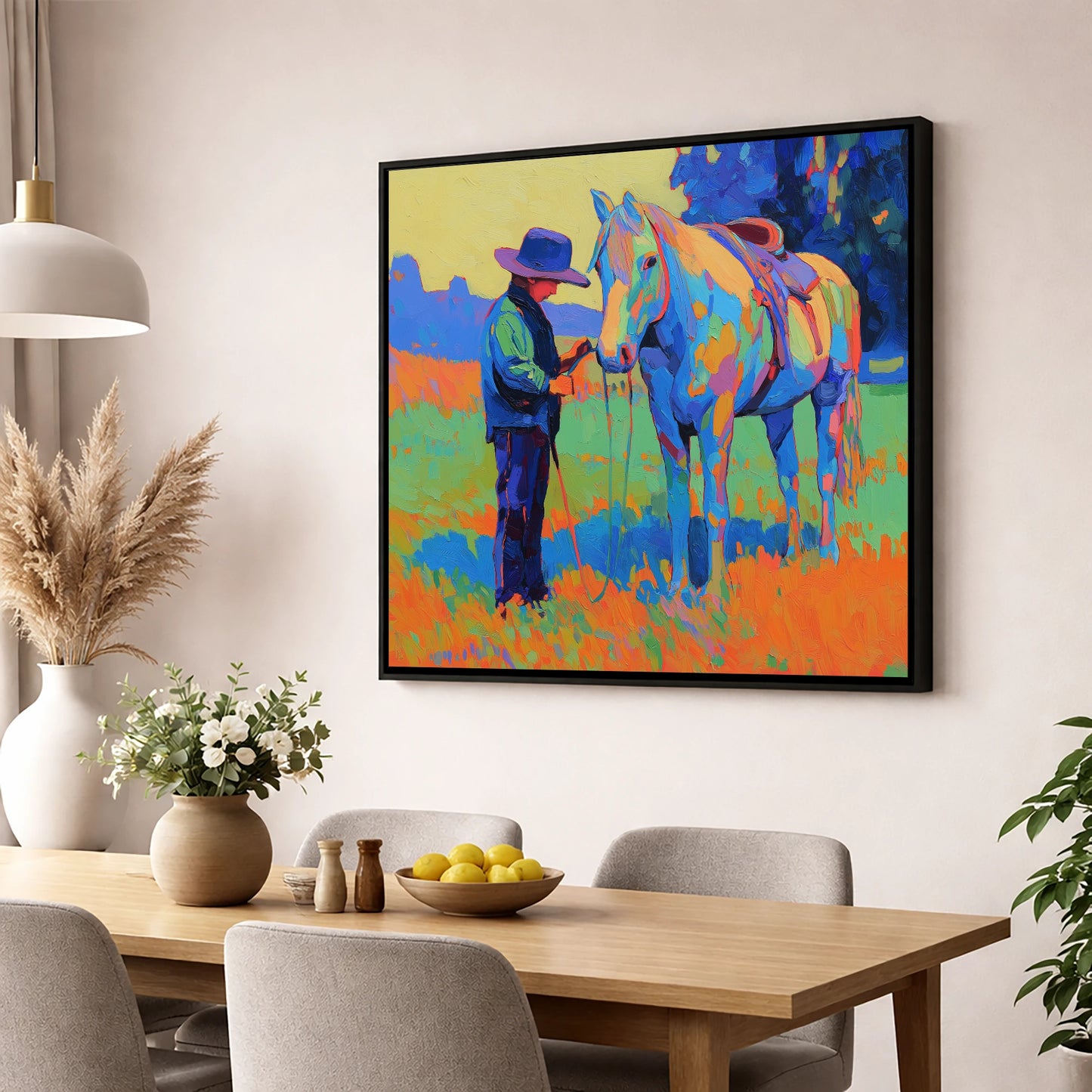 Cobalt Connection horse & rider wall art displayed in a dining room