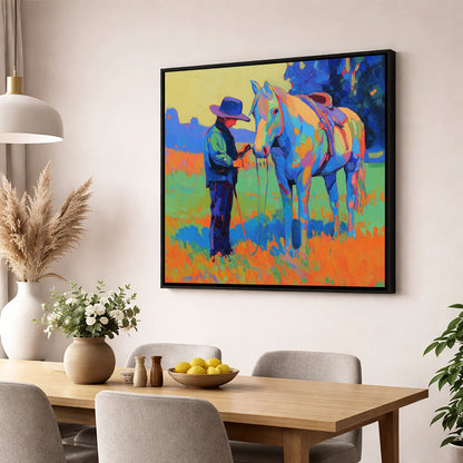 Cobalt Connection horse & rider wall art displayed in a dining room