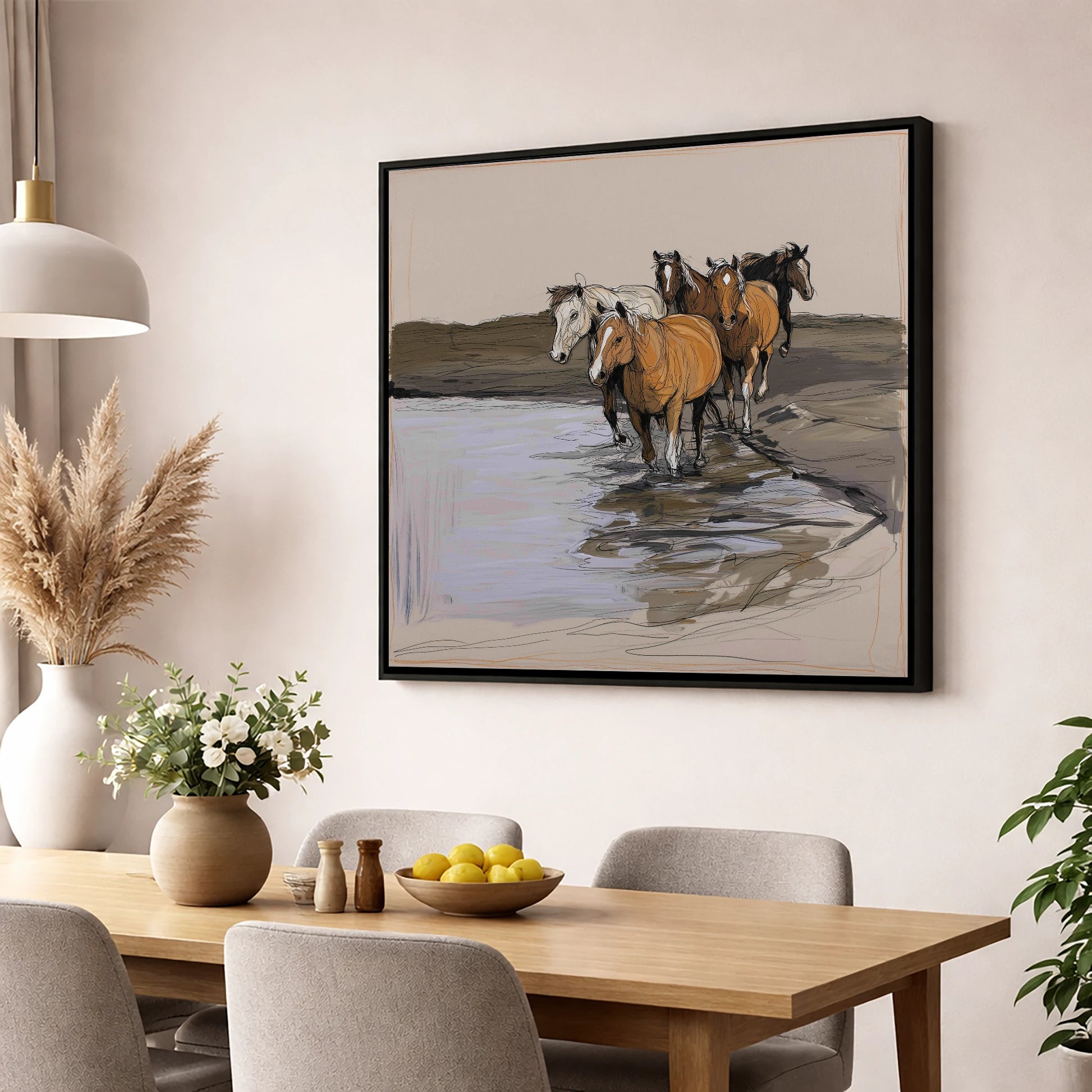 Herd at the Shallows wild horses wall art displayed in a dining room