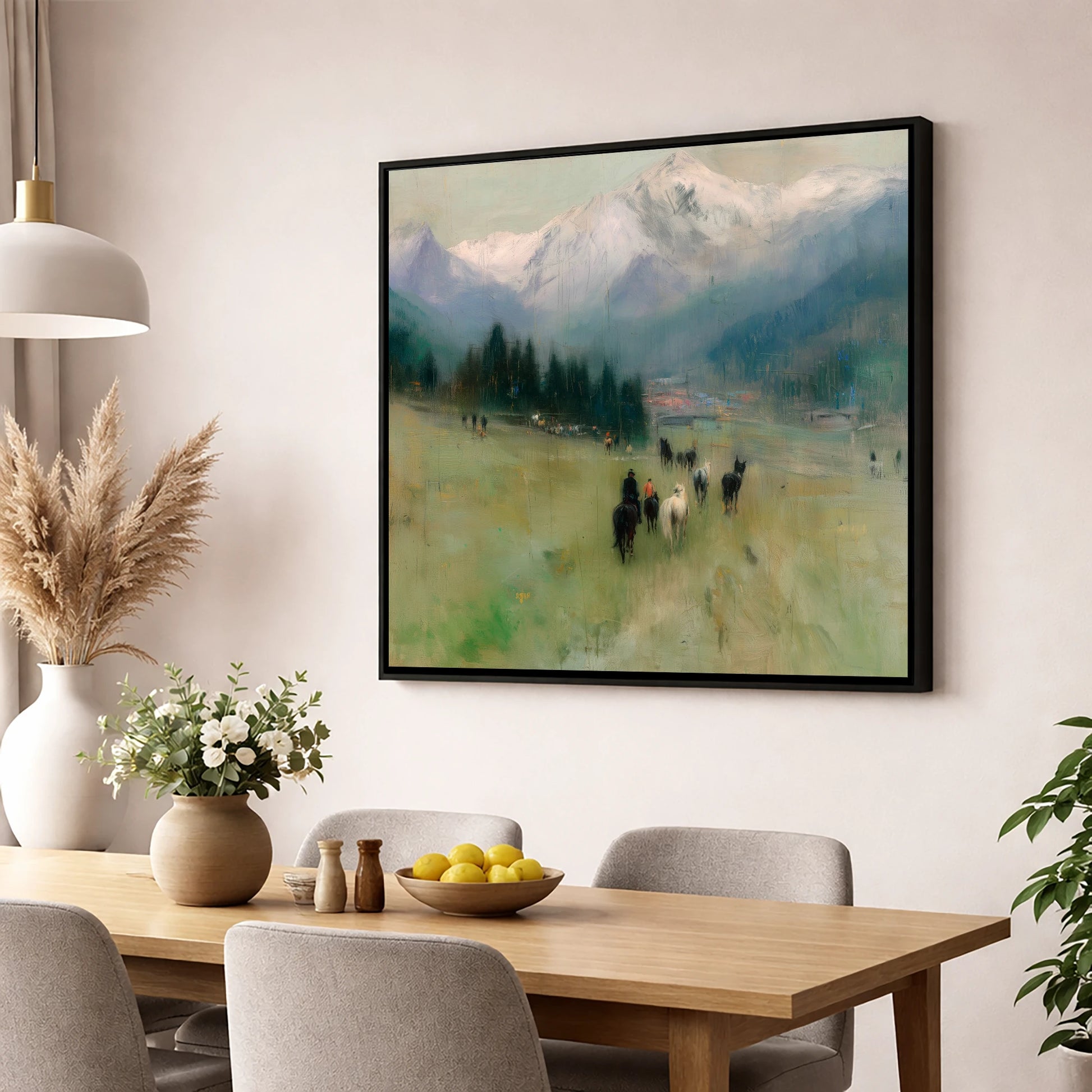 Distant Valley Ride horse landscape wall art displayed in a dining room
