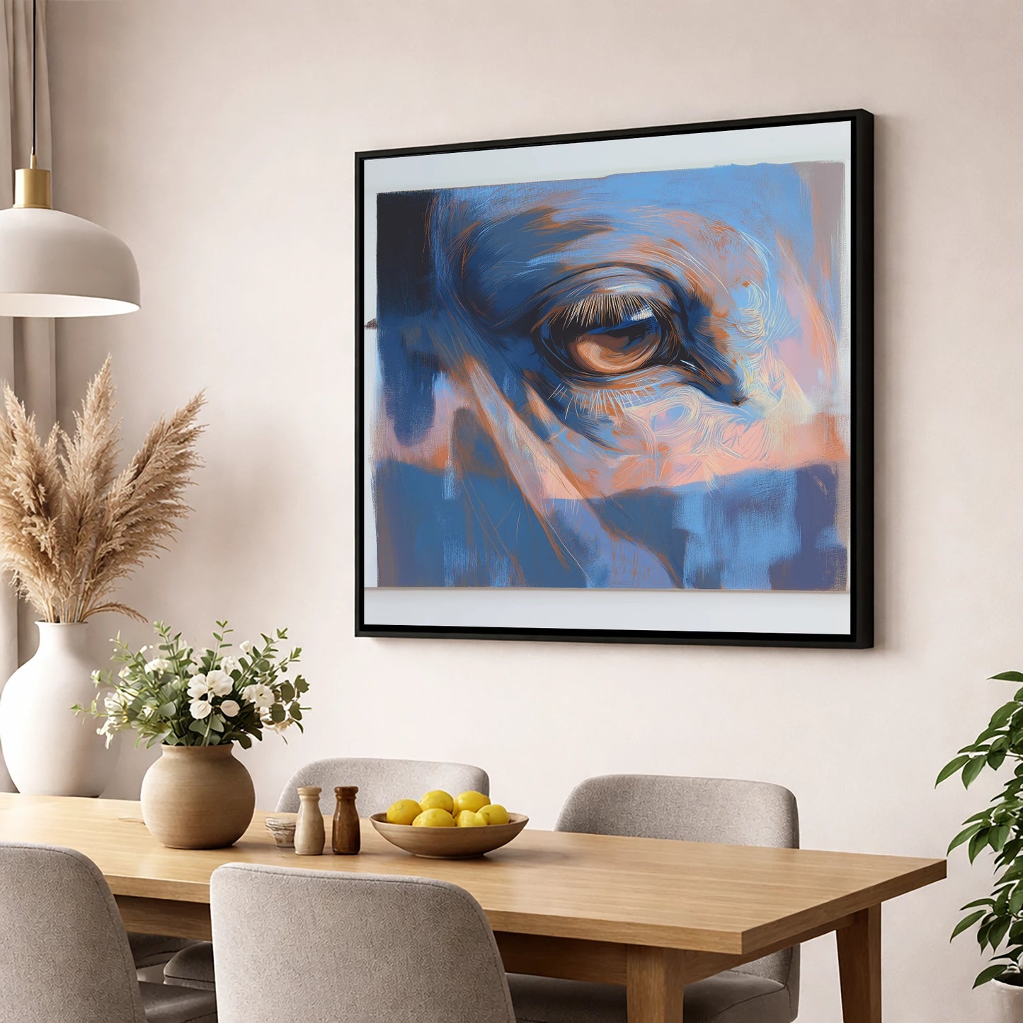 Soulful Azure Gaze horse portrait wall art displayed in a dining room