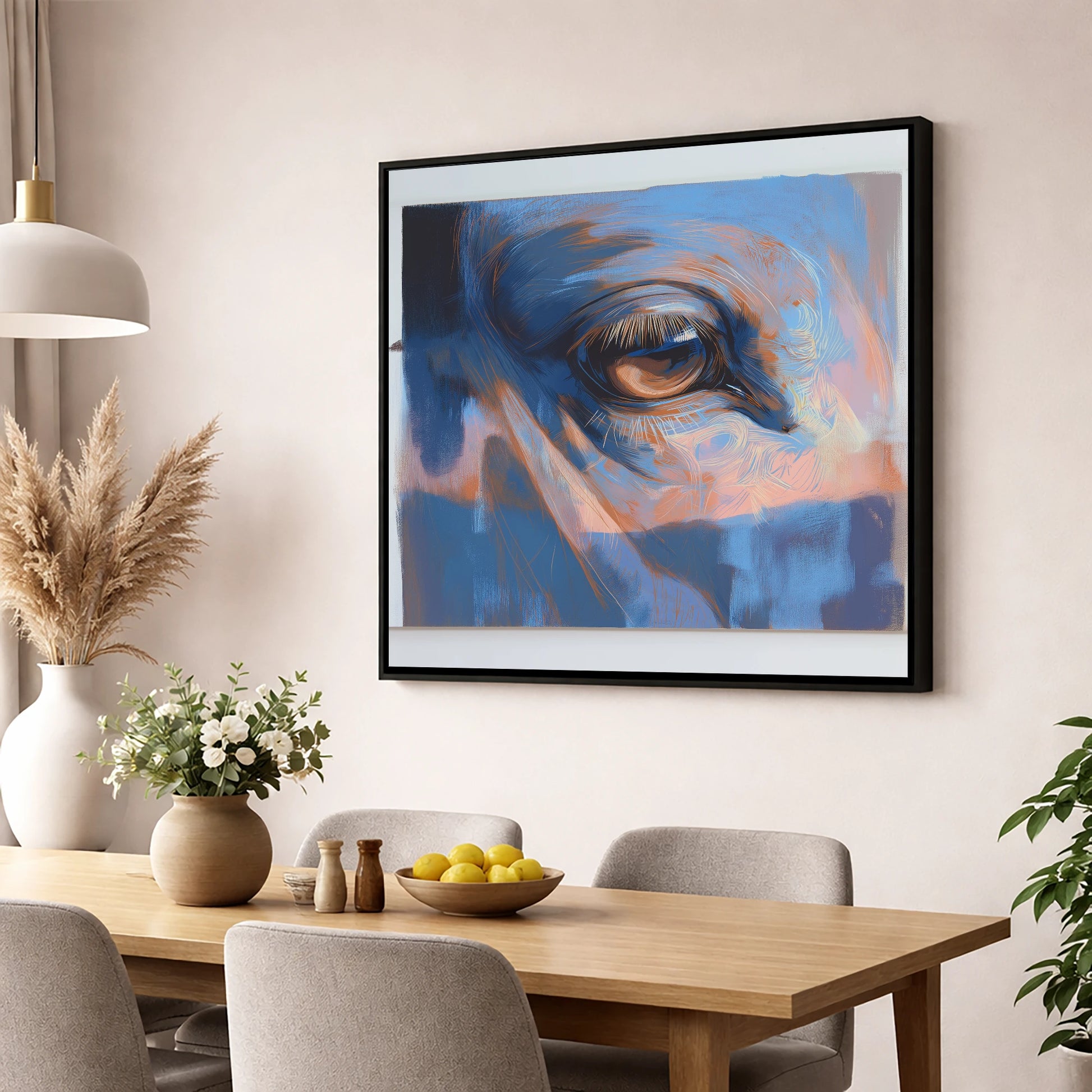 Soulful Azure Gaze horse portrait wall art displayed in a dining room