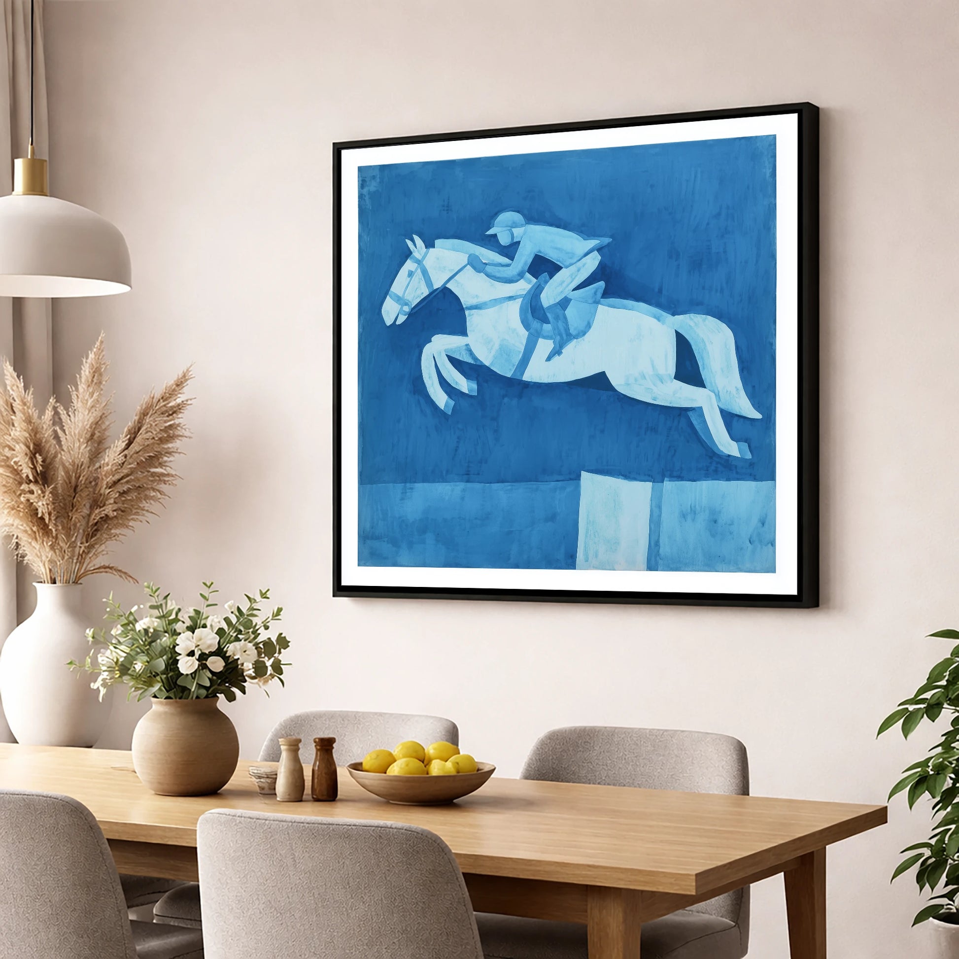 Azure Clear Round show jumping horse wall art displayed in a dining room