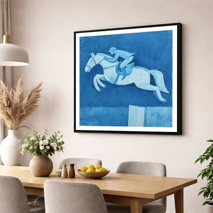 Azure Clear Round show jumping horse wall art displayed in a dining room