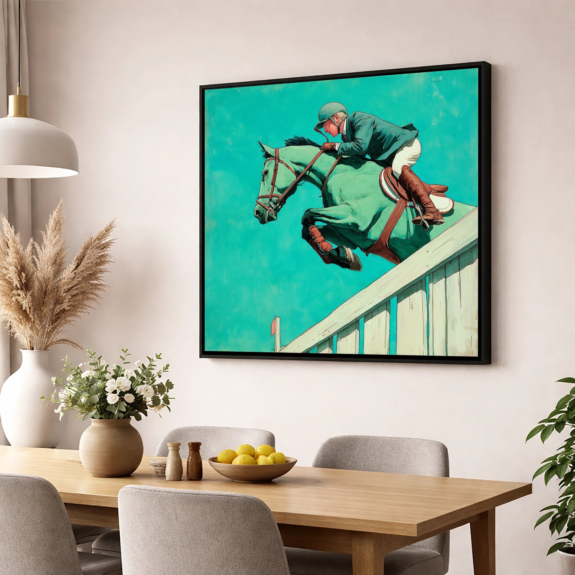 Teal Showjumper show jumping horse wall art displayed in a dining room