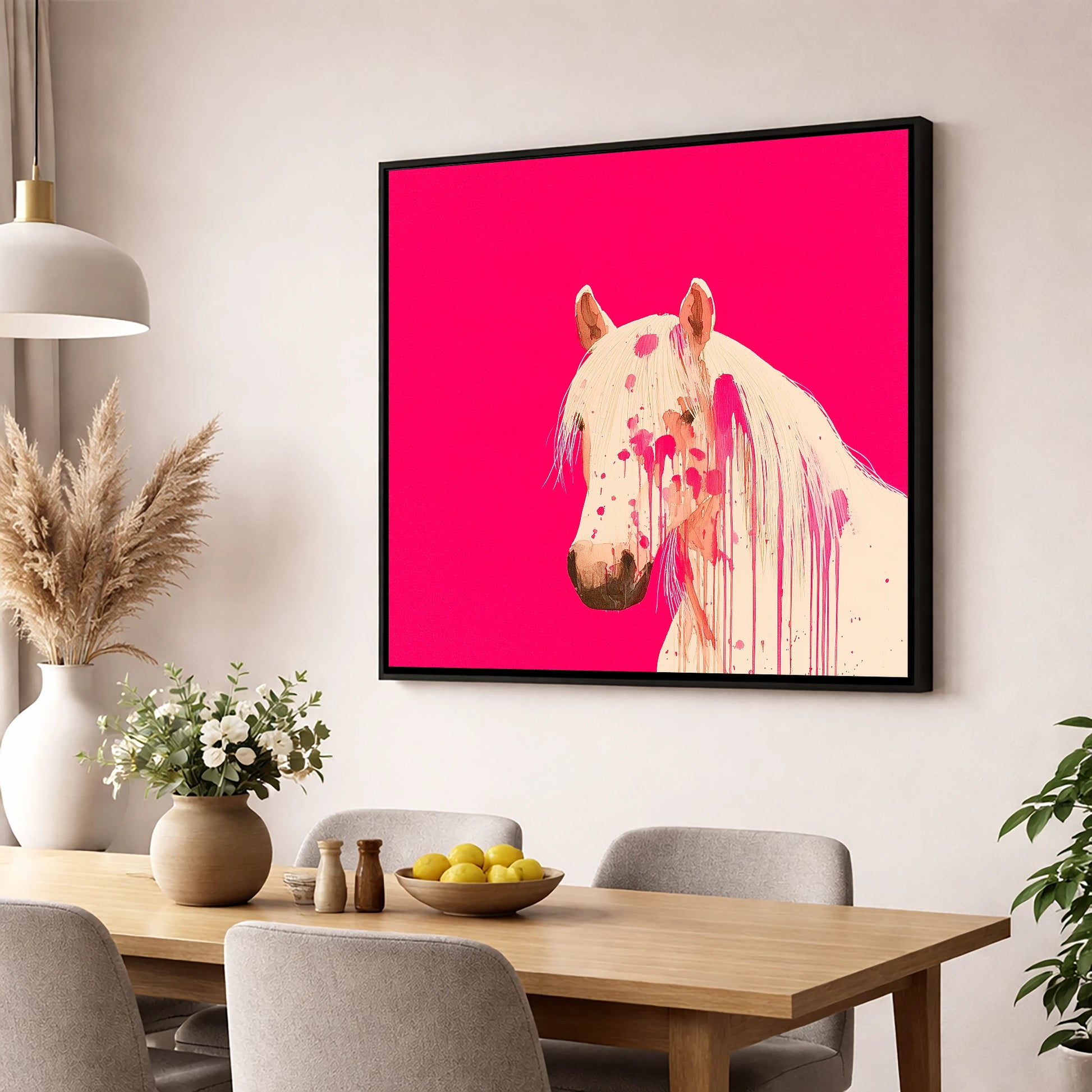 Modern Magenta Equine horse portrait wall art displayed in a dining room