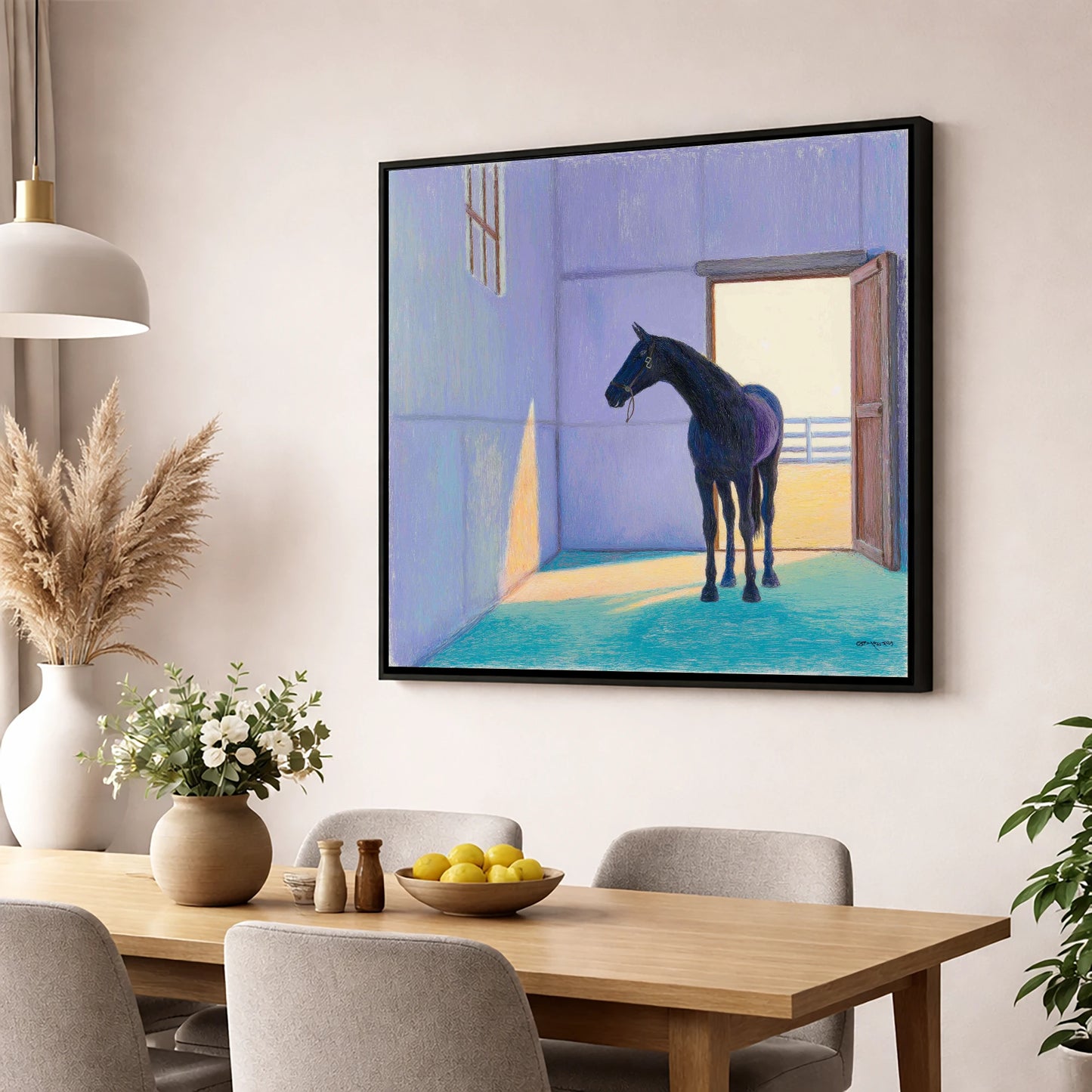Sunlit Stable Shadows horse stable wall art displayed in a dining room
