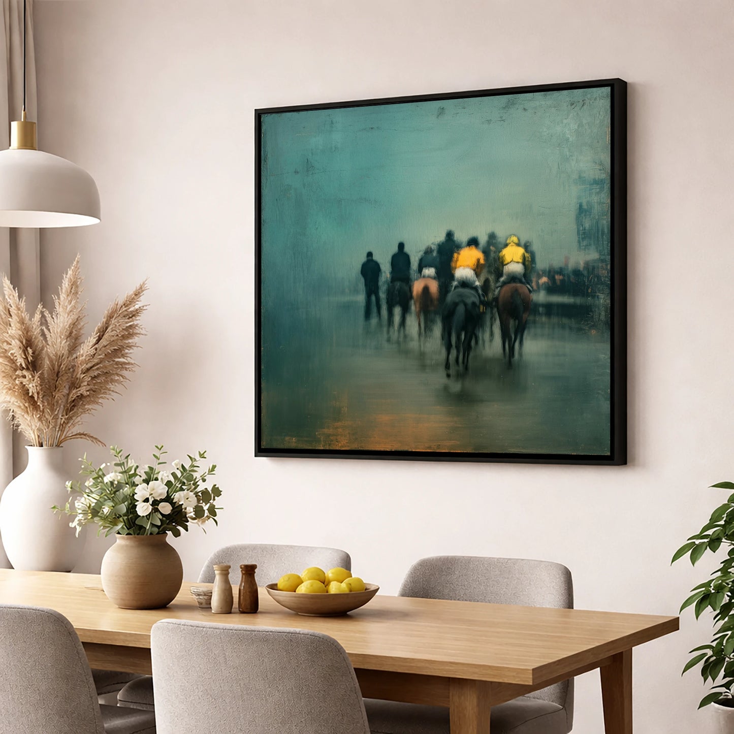 The Early Lot racing horse wall art displayed in a dining room