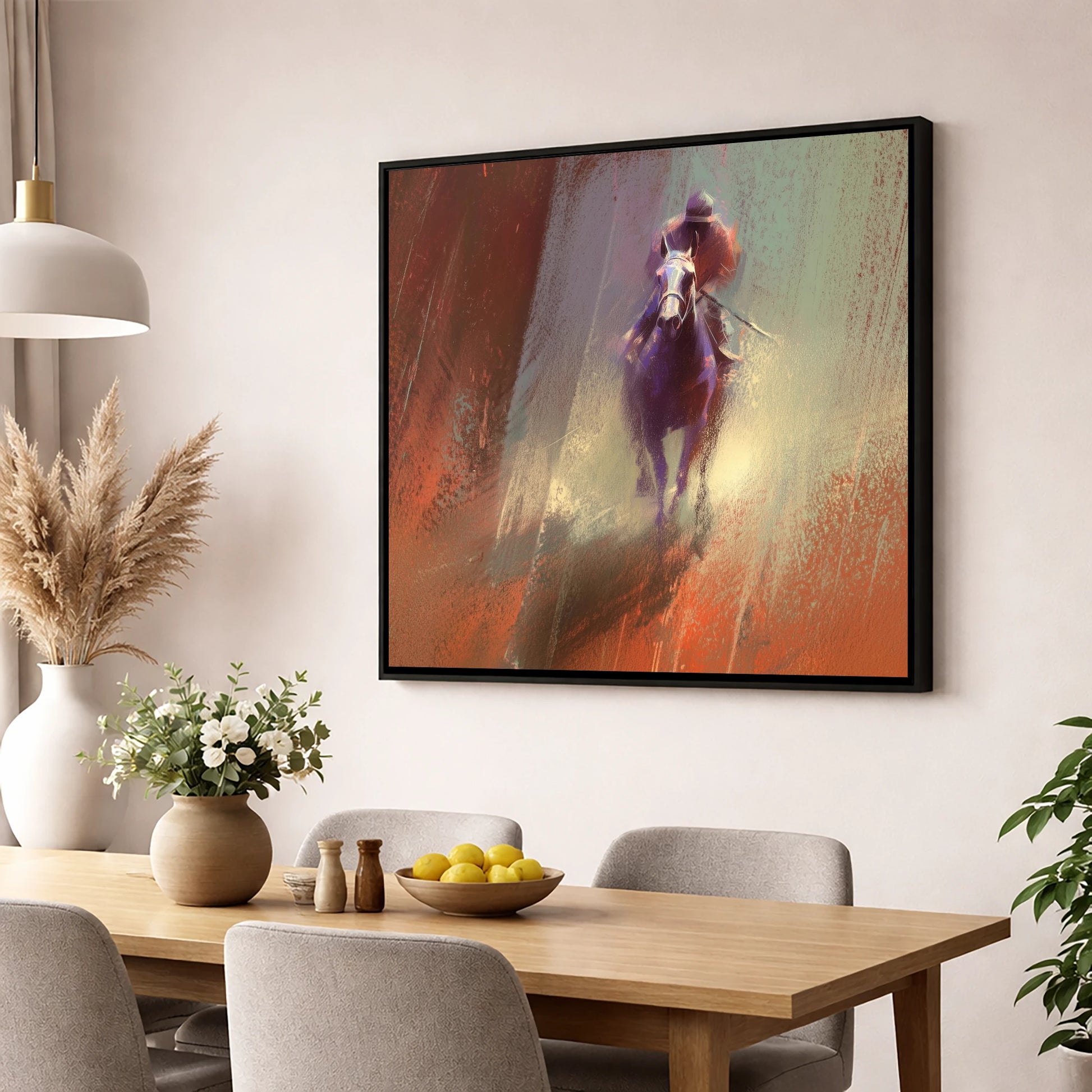 Out of the Haze racing horse wall art displayed in a dining room