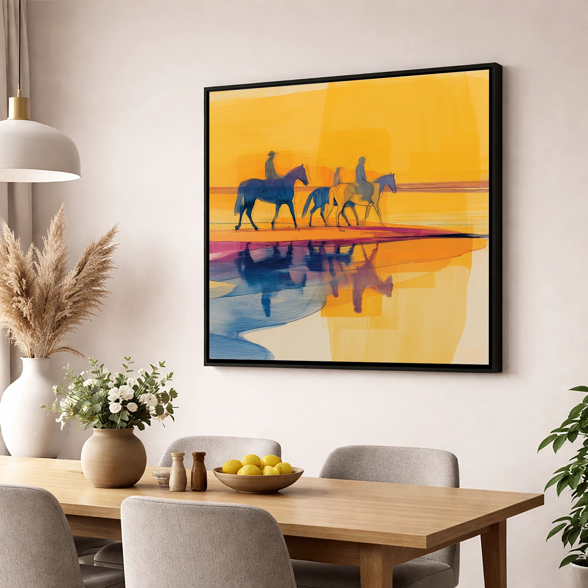 Golden Horizon Hack horse landscape wall art displayed in a dining room
