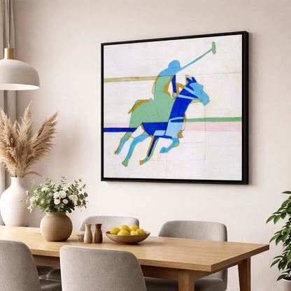 Dynamic Azure Polo polo horse wall art displayed in a dining room