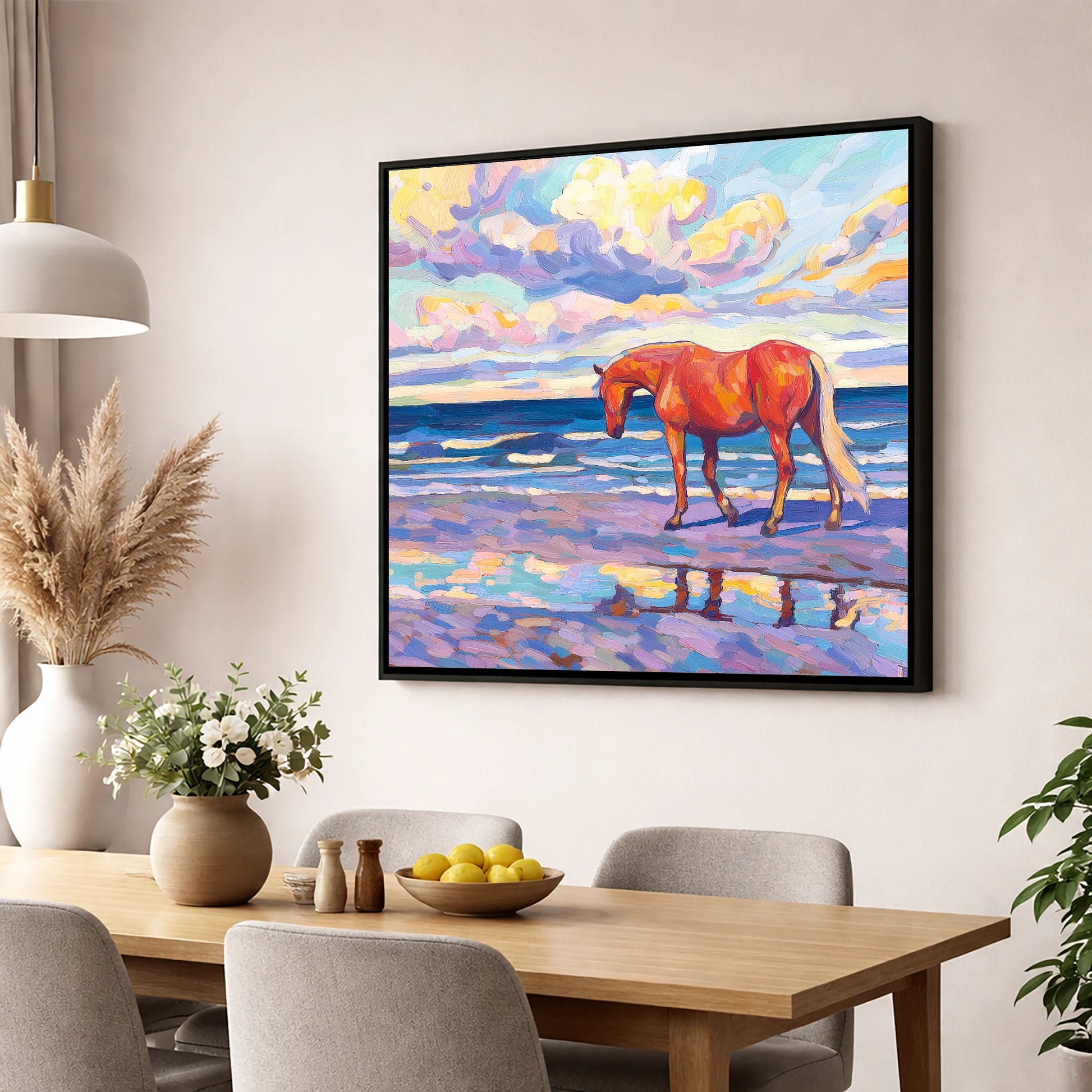Vivid Coastal Solitude horse landscape wall art displayed in a dining room