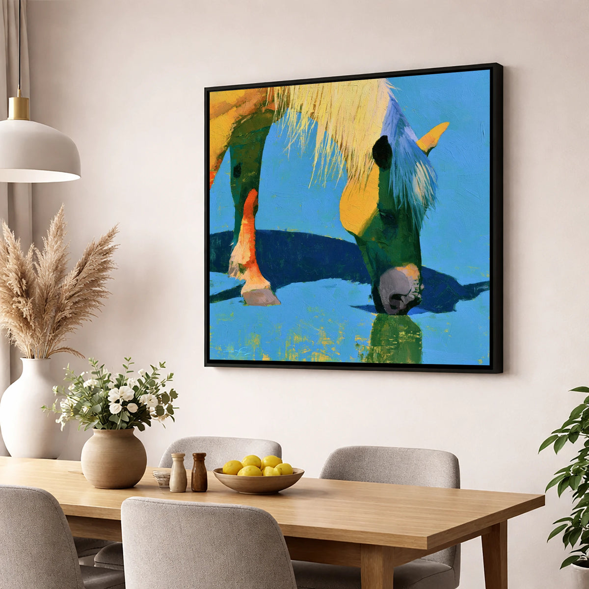 Vibrant Horse Drinking Water horse breed wall art displayed in a dining room