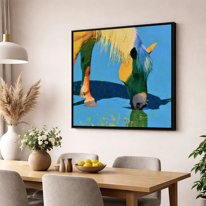 Vibrant Horse Drinking Water horse breed wall art displayed in a dining room