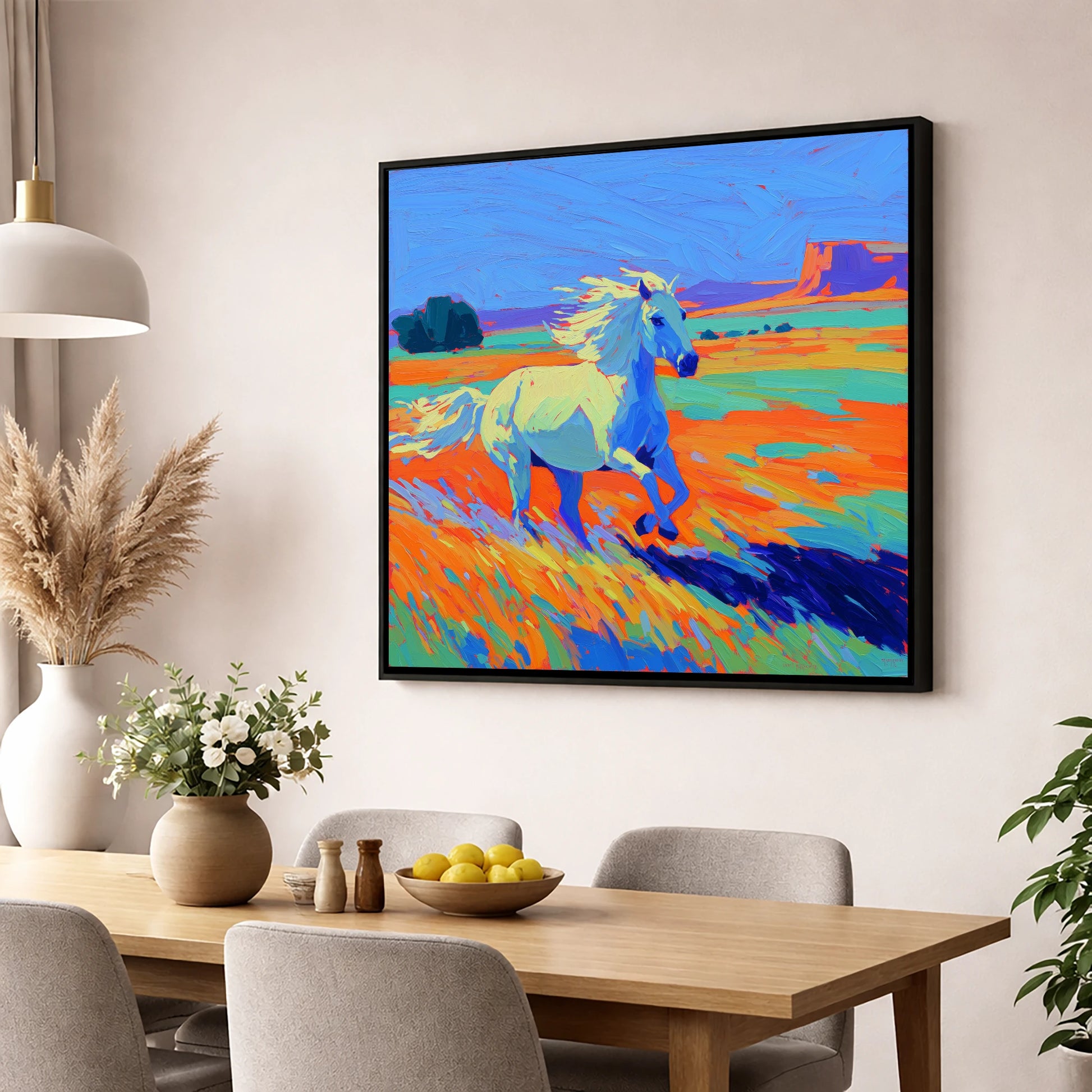 Vibrant Desert Canter wild horses wall art displayed in a dining room