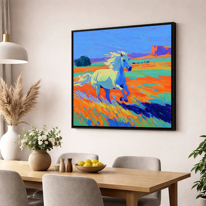 Vibrant Desert Canter wild horses wall art displayed in a dining room