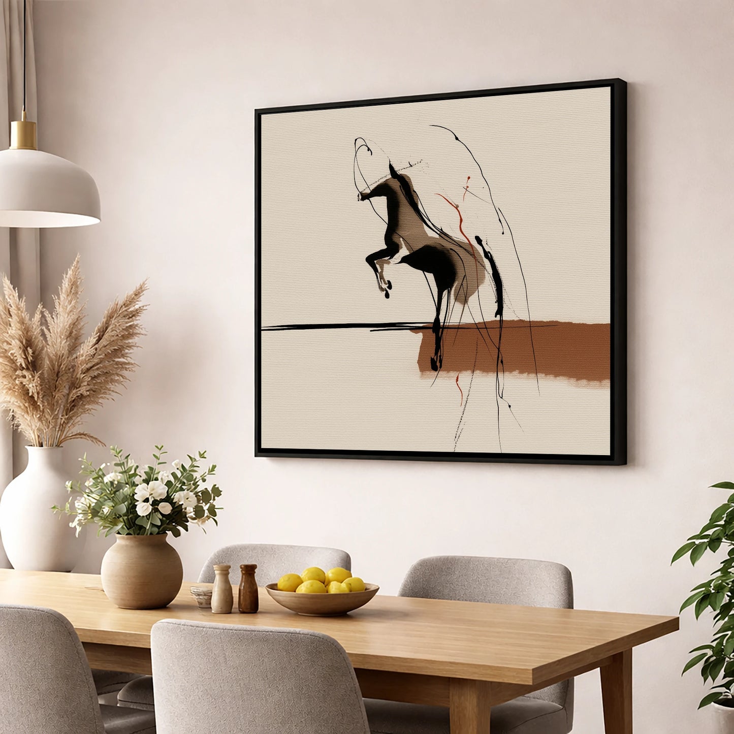 Untamed Sepia Silhouette horse portrait wall art displayed in a dining room