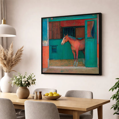The Emerald Stable Door horse stable wall art displayed in a dining room