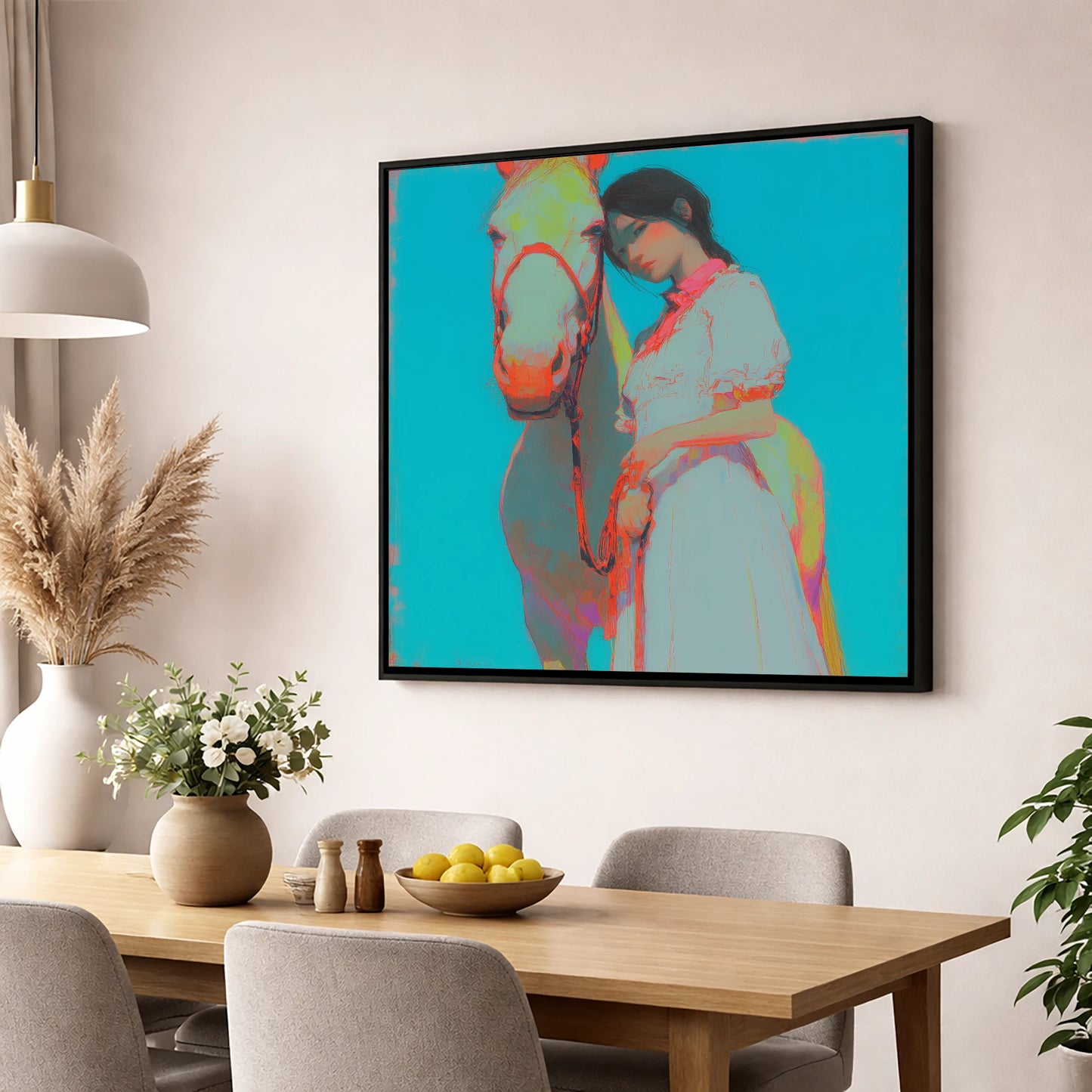 Electric Bond horse & rider wall art displayed in a dining room