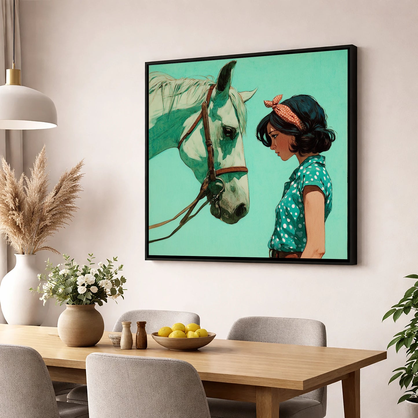 The Quiet Exchange horse & rider wall art displayed in a dining room