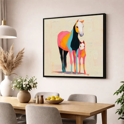 Vibrant Painted Bond mare & foal wall art displayed in a dining room